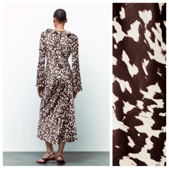 NWT. Zara Brown/Cream Printed Satin Effect Midi Dress with Ruffles. Size XXL. - Picture 5 of 12